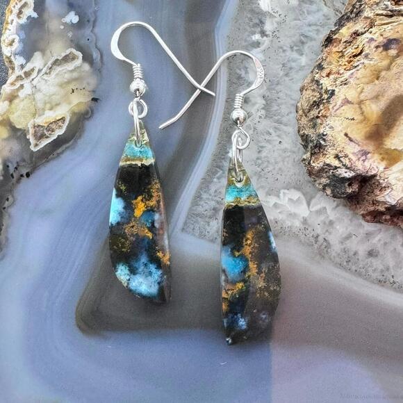 Sterling Elongated Triangle Chrysocolla Slab Dangle Earrings For Women #229 - Picture 1 of 10